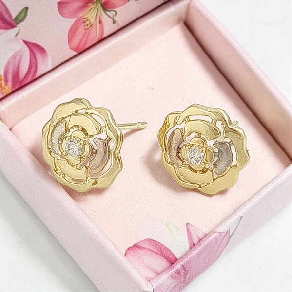 Brinco Banhado a Ouro De 3 Cores De Flor Com Zircônia Bijou Art