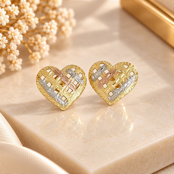 Brinco Banhado a Ouro De Coração 3 Cores Vazado Bijou Art