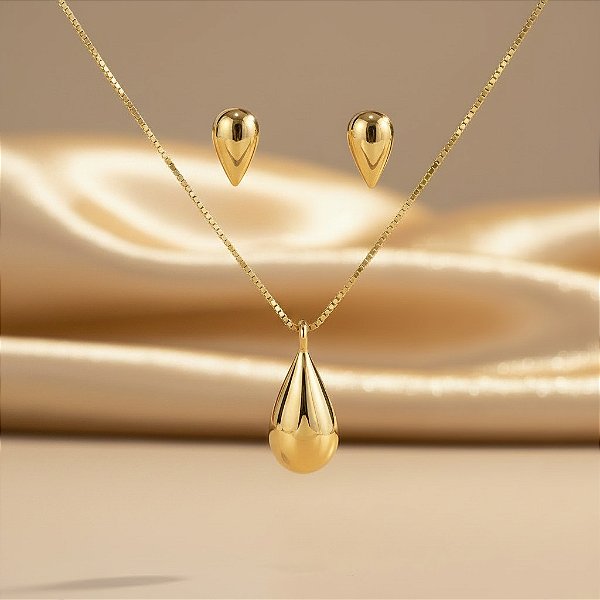 Conjunto Banhado a Ouro De Gota Lisa Bijou Art