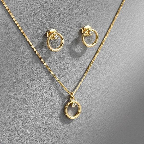 Conjunto Banhado a Ouro Aro Liso Com Mini Zircônia Bijou Art