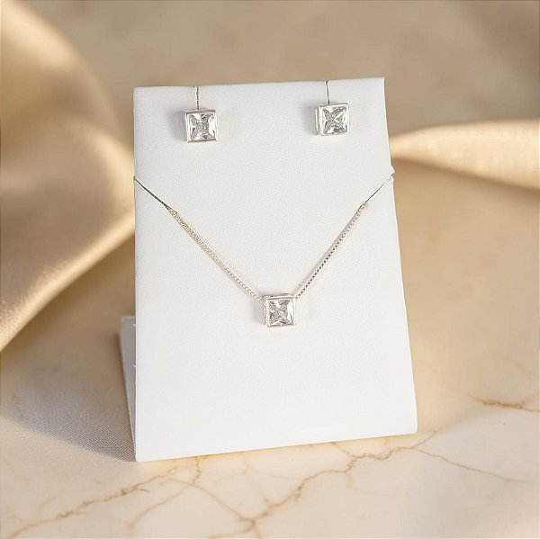 Conjunto Banhado a Prata Ponto De Luz Quadrado Bijou Art