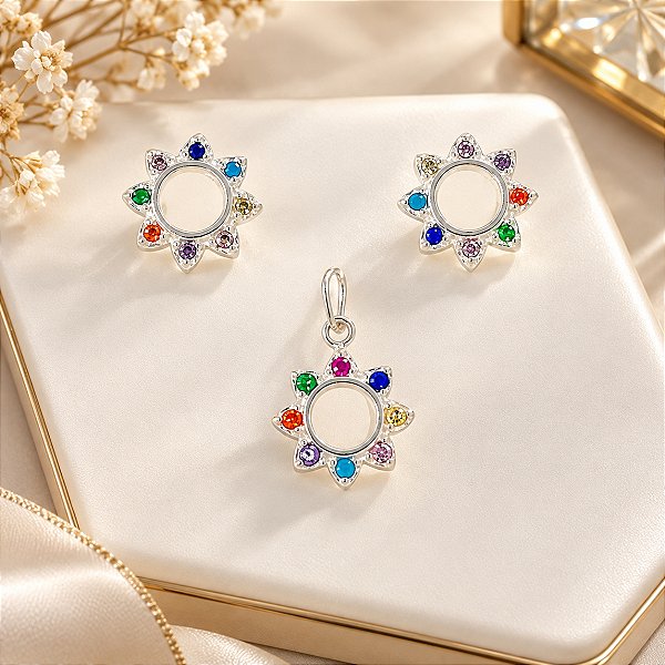 Conjunto De Prata (Brinco E Pingente) De Sol Com Zircônias Coloridas Bijou Art