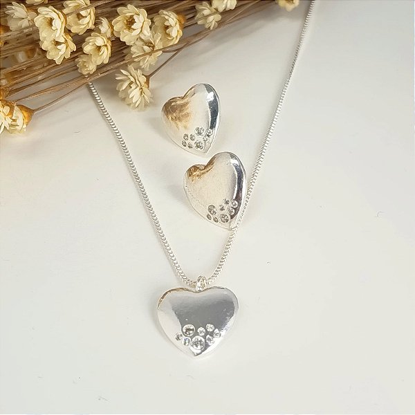 Conjunto Banhado a Prata De Coração Com Mini Zircônias Bijou Art