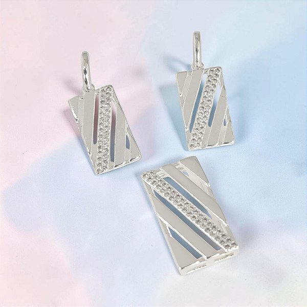 Conjunto Banhado a Prata (Brinco e Pingente) Elegante Liso Com Zircônias Bijou Art