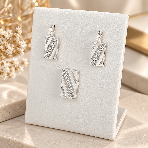 Conjunto Banhado a Prata (Brinco e Pingente) Elegante Liso Com Zircônias Bijou Art