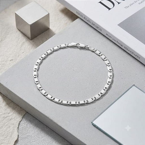 Pulseira De Prata de Elo Fivela Achatada Bijou Art