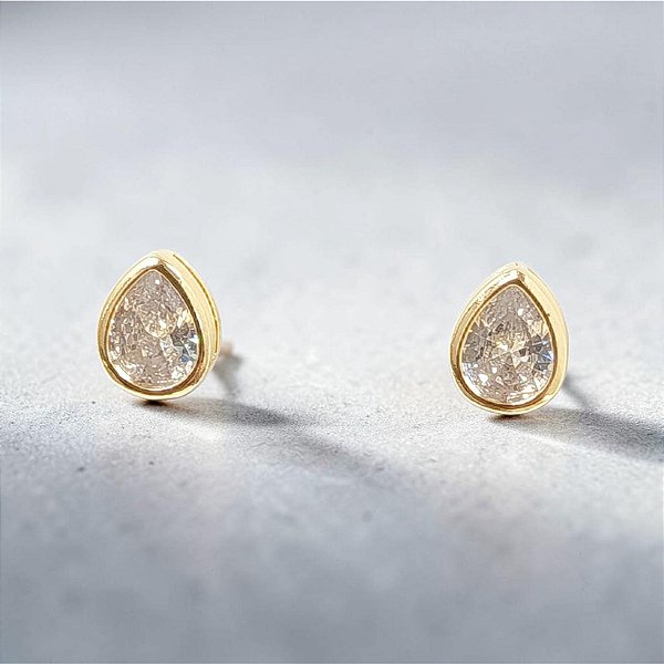 Brinco Banhado a Ouro Fixo De Gota Com Zircônia Bijou Art