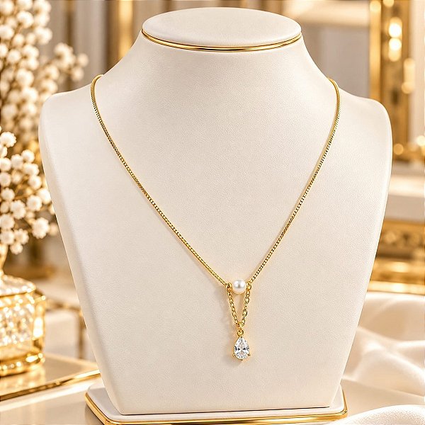 Gargantilha Banhada a Ouro Com Pérola e Gota De Zircônia Bijou Art