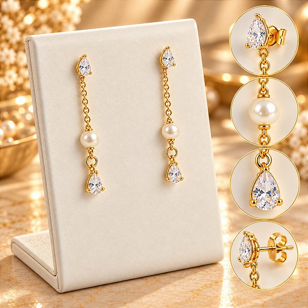 Brinco Pendurado Banhado a Ouro Com Gota De Zircônia e Pérola