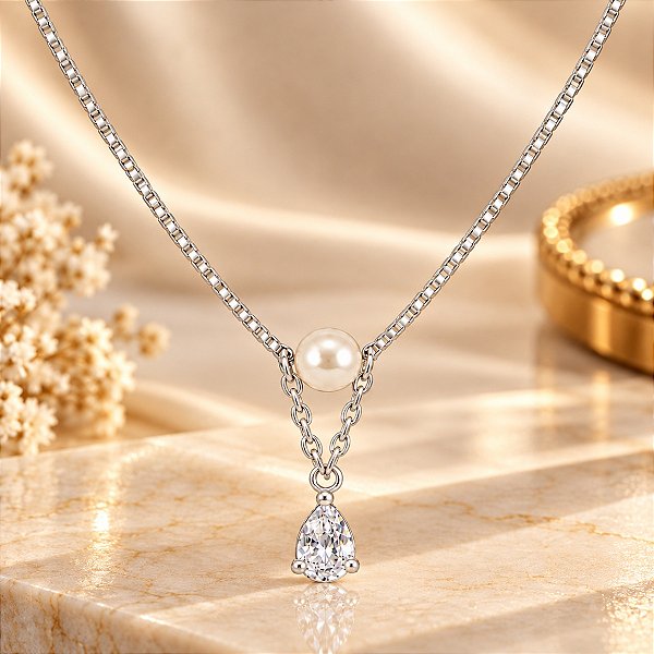 Gargantilha Banhada a Prata Com Pérola e Gota De Zircônia Bijou Art