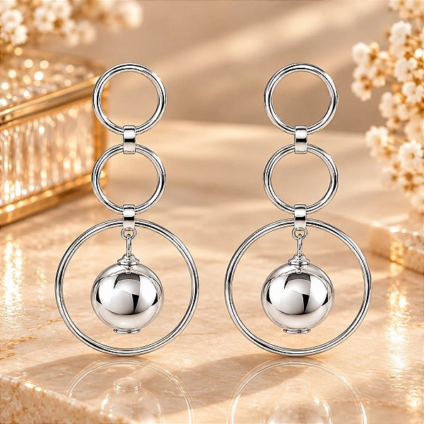 Brinco Pendurado Banhado a Prata Com Aros Pendurados Bijou Art
