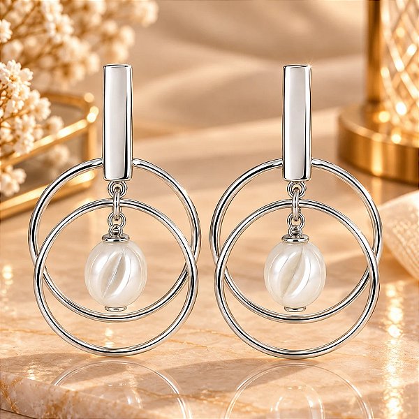 Brinco Pendurado Banhado a Prata De Aros Com Pérola Bijou Art