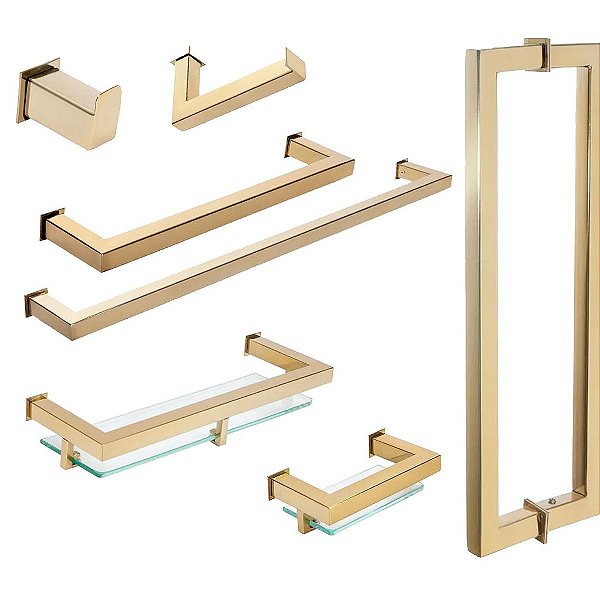 Kit Acessórios Para Banheiro com 7 Peças em Aço Inox Dourado Linha Larissa Stainless