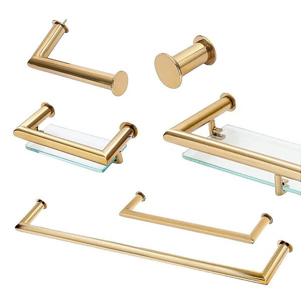 Kit Acessórios Para Banheiro com 6 Peças em Aço Inox Dourado Brilhante Linha Tessália Stainless