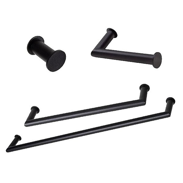 Kit Acessórios Para Banheiro com 4 Peças em Aço Inox Black Matte Preto Fosco Linha Tessalia Stainless