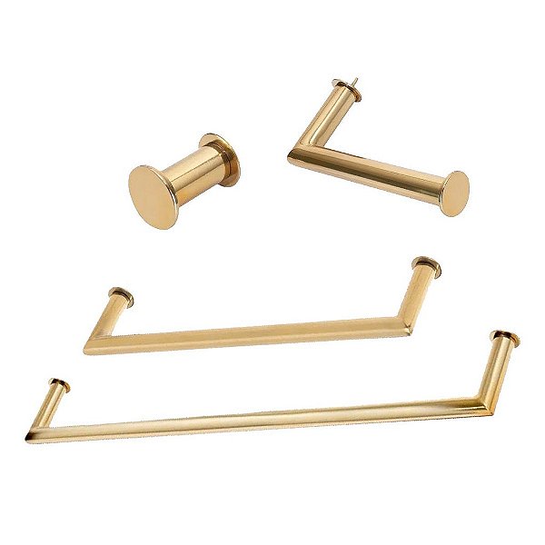 Kit Acessórios Para Banheiro com 4 Peças em Aço Inox Dourado Linha Tessália Stainless