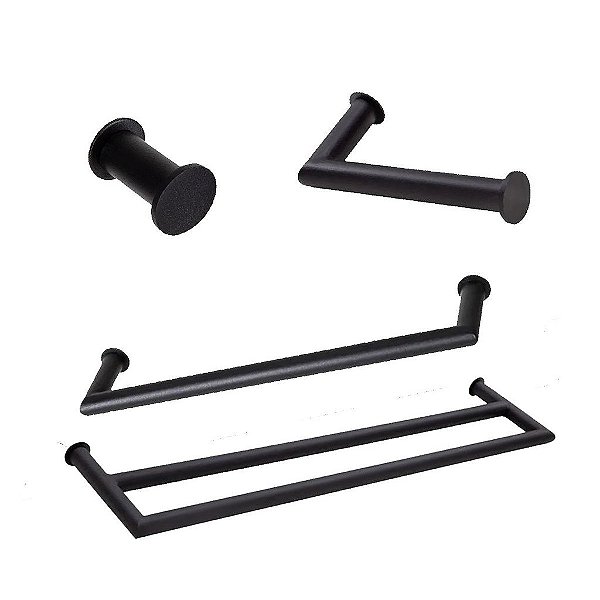 Kit Acessórios Para Banheiro com 4 Peças em Aço Inox Black Matte Preto Fosco com toalheiro duplo Stainless