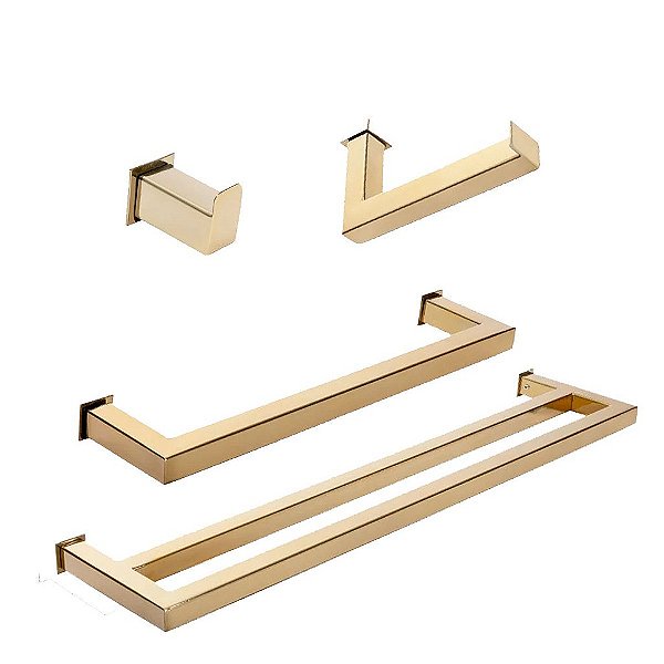Kit Acessórios Para Banheiro com 4 Peças em Aço Inox Dourado Linha Larissa com toalheiro duplo Stainless