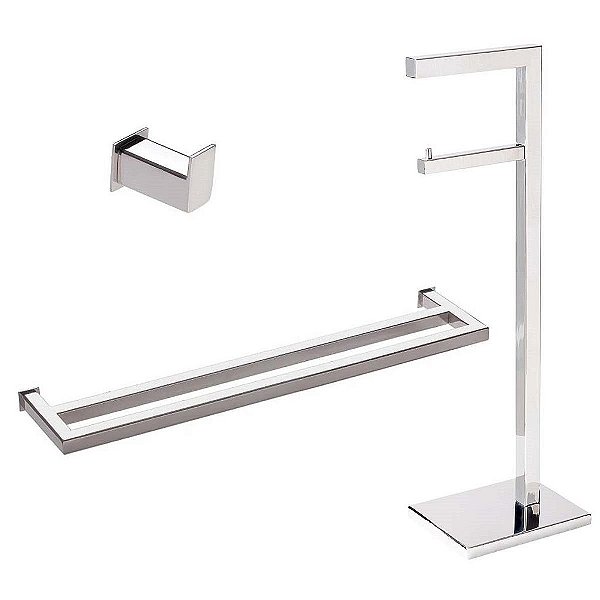 Kit Acessorios para Banheiro com 3 Peças em aço inox Polido Linha Larissa com Toalheiro Duplo Stainless