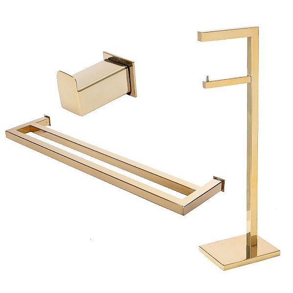 Kit Acessórios Para Banheiro com 3 Peças em Aço Inox Dourado Linha Larissa com toalheiro Duplo Stainless