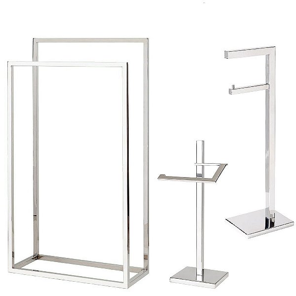 Kit Acessorios para Banheiro com 3 Peças em Aço Inox Polido Linha Larissa com Toalheiro de Piso Stainless