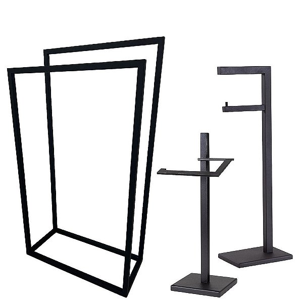 Kit Acessorios para Banheiro com 3 Peças em Aço Inox Preto fosco Linha Larissa com Toalheiro de Piso Stainless
