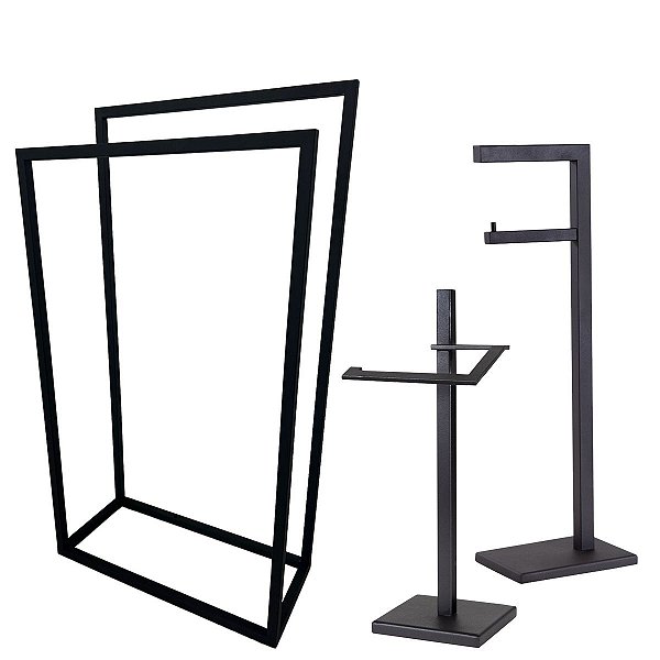 Kit de Acessorios para Banheiro com 3 Peças em Aço Inox Preto fosco Linha Larissa com Toalheiro de Piso
