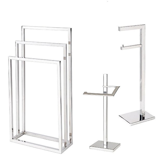 Kit Acessórios de banheiro com 3 peças em aço inox Polido Linha Larissa com toalheiro de piso triplo Stainless