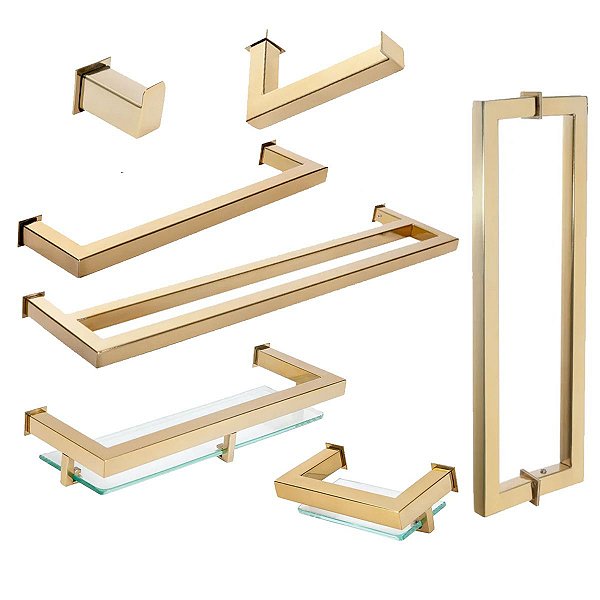Kit de Acessórios Para Banheiro com 7 Peças com Toalheiro Duplo em Aço Inox Dourado Linha Larissa  Stainless