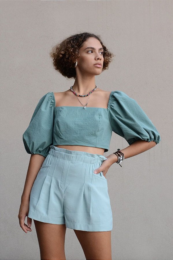 Cropped manga bufante decote quadrado Clearance