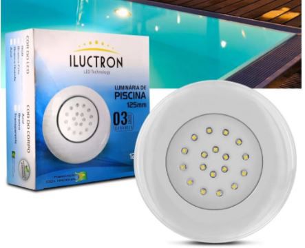 LUMINARIA LED DE PISCINA 12V 18W 125MM Carcaça Branca Luz AZUL