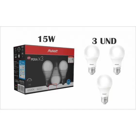 Lâmpada LED Bulbo 15W Bivolt Branco Frio 6500K (KIT COM 3) - Avant
