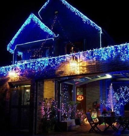 Cascata de LED 400L FIXO Blindado 220V 10M Azul Tomada M/F Fio Branco