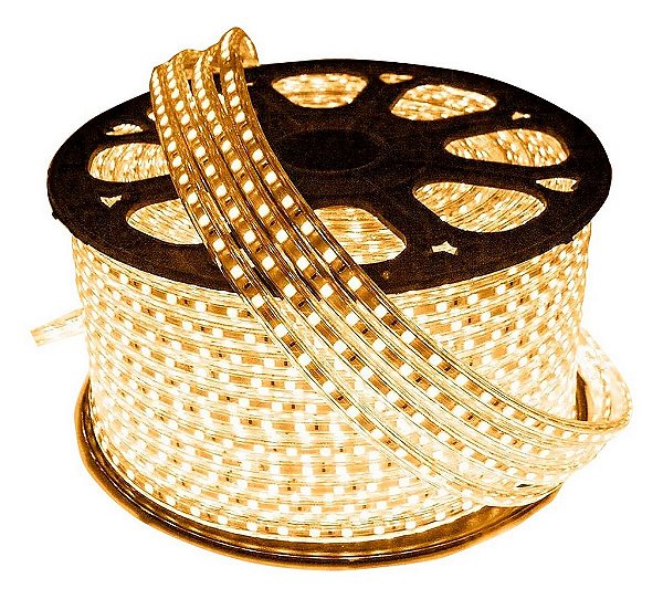 Fita LED Mangueira Achatada 5050 Siliconada 110V Branco Quente 10 metros