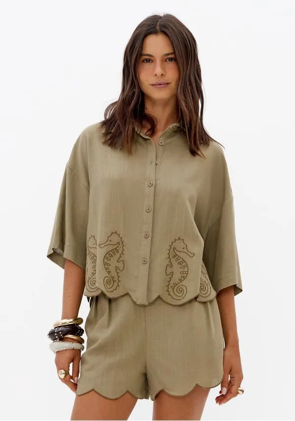 Camisa manga curta com linho verde MYFT 502ca001828