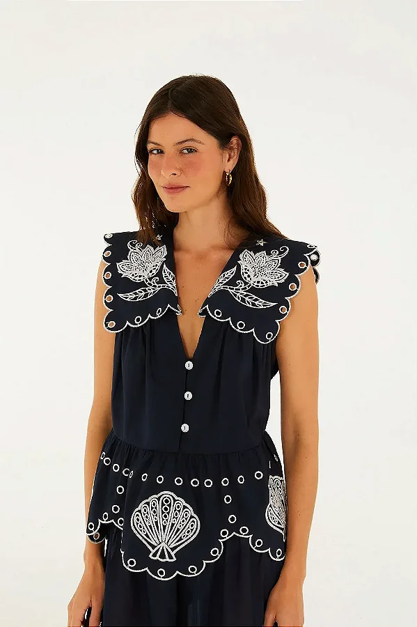 Blusa artesanal colagem navy azul marinho Farm36809202542G