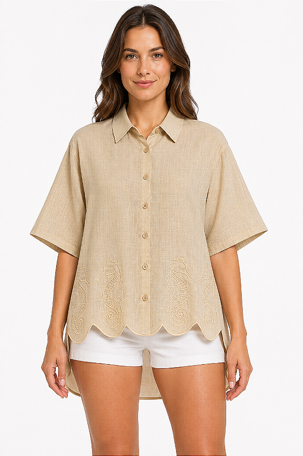 Camisa manga curta com linho areia MYFT 502CA001828