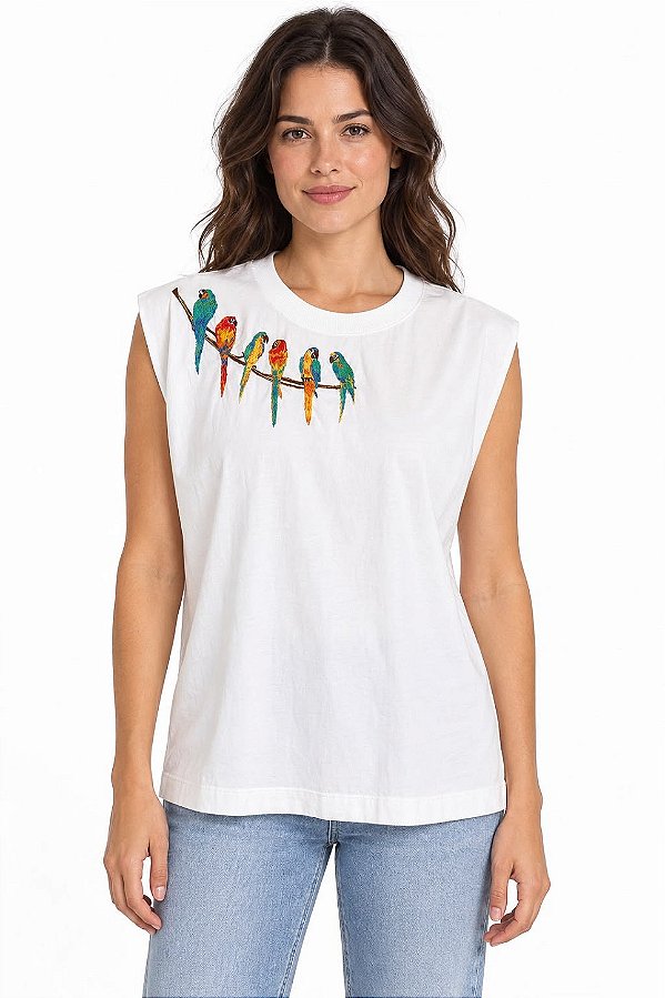 T-shirt bordada araras off white Farm 375075