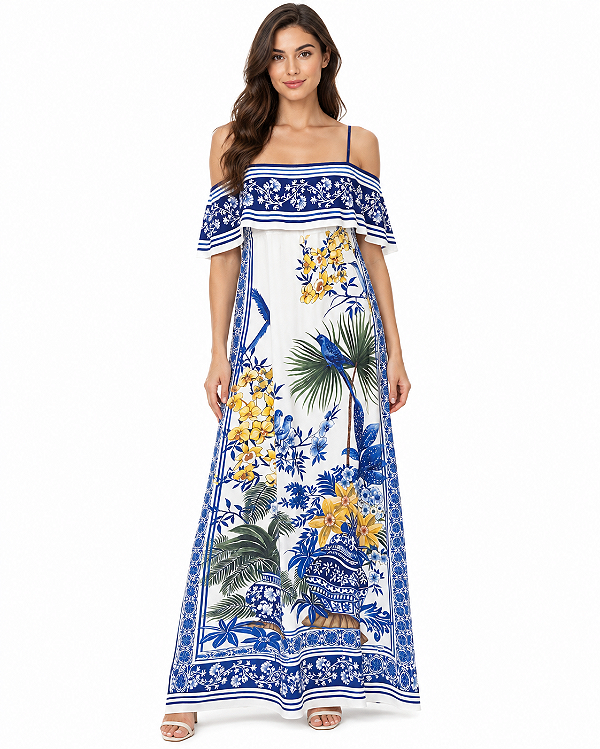 Vestido longo pala jardim oriental estampada Farm 372475