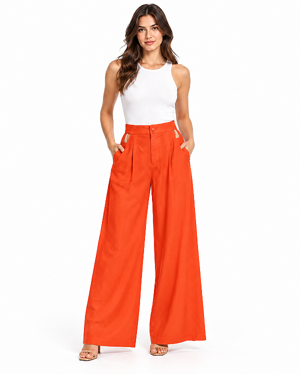 Calça reta pregas frente laranja  Farm 313256