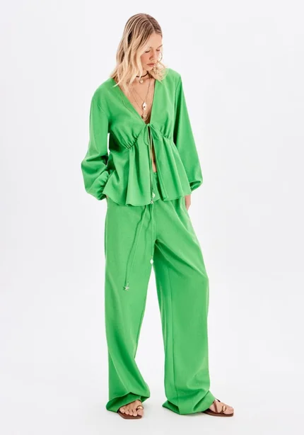Calça elastico com linho verde MYFT 502CF003115