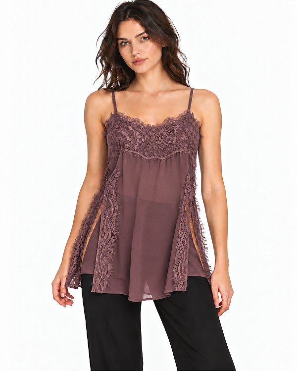Blusa de alça em crepe com renda marrom MYFT 502BL010101