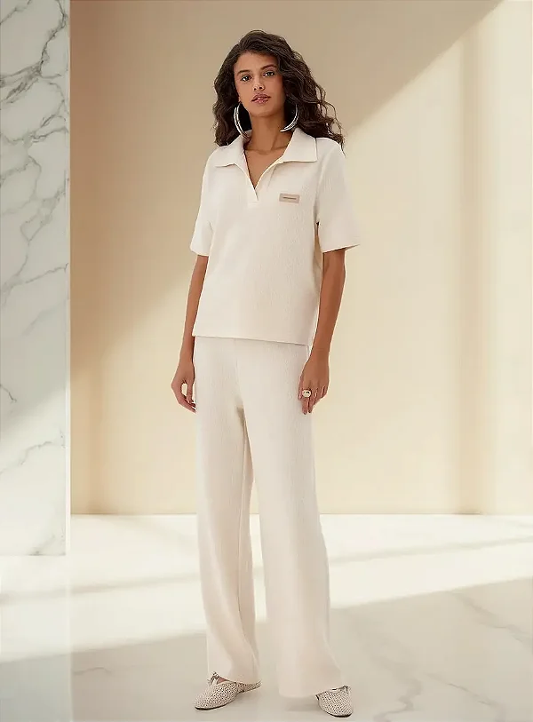 Calça wide leg cintura media off white MYFT 502CF002976