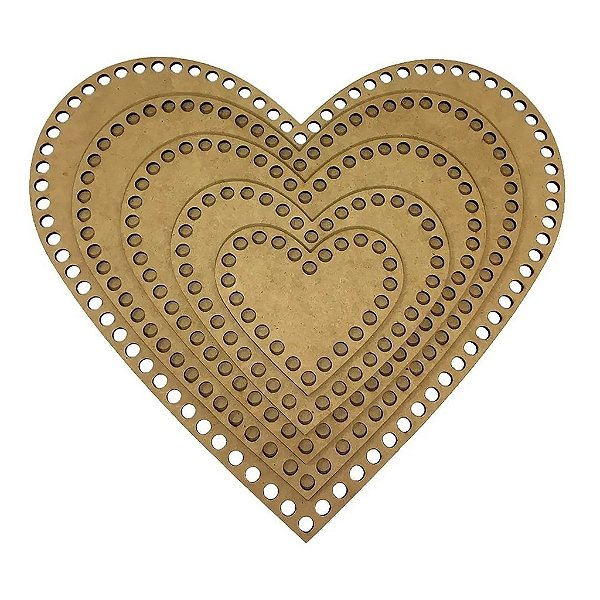 Base Coração Diversos Cesto Fio de Malha/Crochê MDF - Kit 5 unidades