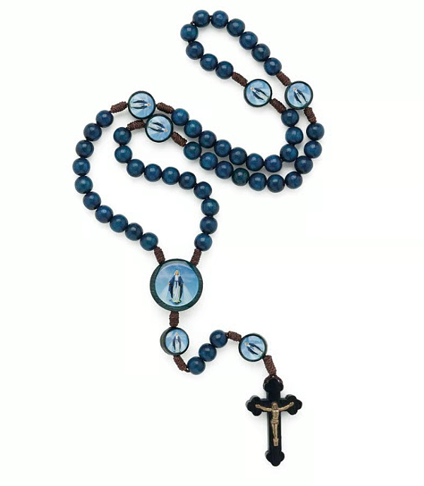 Terço madeira azul Nossa Senhora das graças