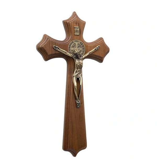 Crucifixo de parede em madeira moldado ouro velho 25cm