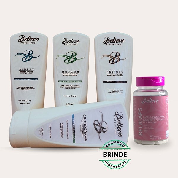 Kit Cronograma Capilar Believe + Suplemento Capilar + Shampoo Hidratante (Brinde)