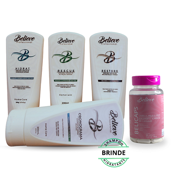 Kit Cronograma Capilar Believe + Suplemento Capilar + Shampoo Hidratante (Brinde)