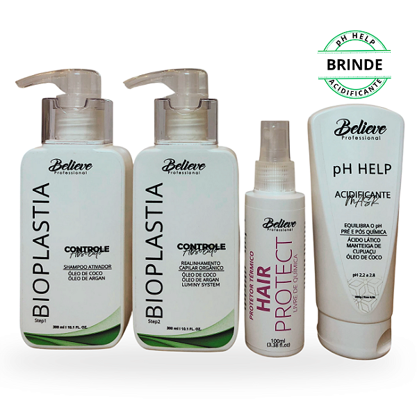 Progressiva orgânica Bioplastia Capilar 300 ml + Protetor Térmico Hair Protect + Acidificante pH Help (Brinde)