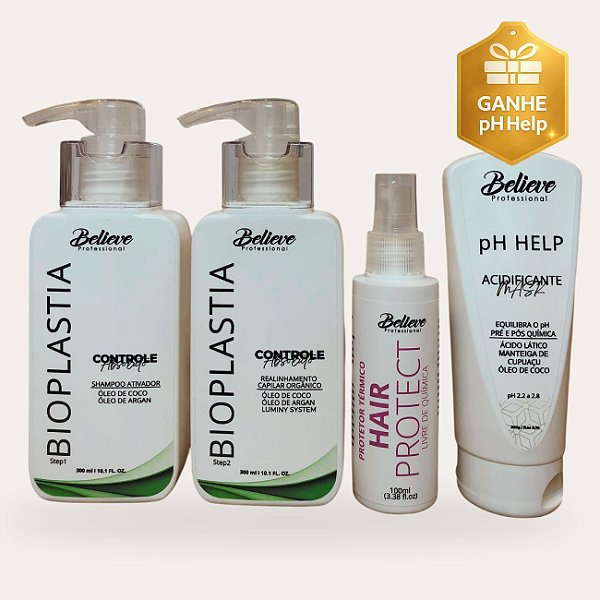 Progressiva orgânica Bioplastia Capilar 300 ml + Protetor Térmico Hair Protect + Acidificante pH Help (Brinde)